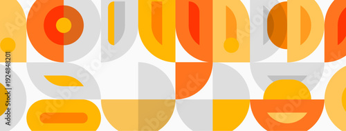 Abstract geometric pattern. Orange, yellow, gray colors create retro aesthetic. Repeating shapes form modern design element.