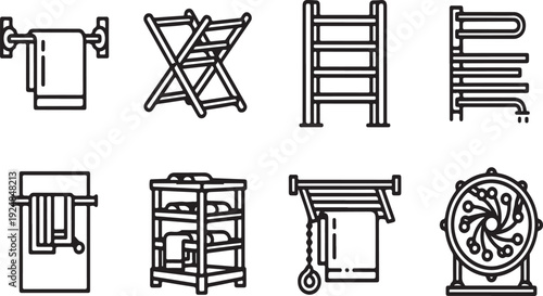 A collection of various household items and furniture in black and white Vector