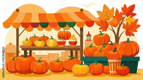 Abundant pumpkin patch market stall with colorful autumn harvest display, festive fall scene illustration