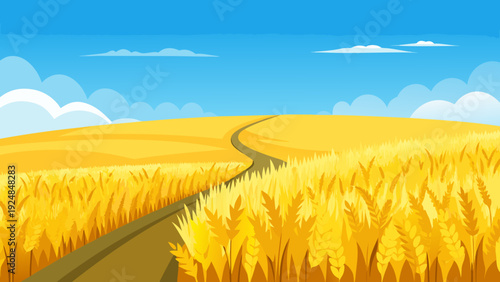 Winding dirt path through a vast golden wheat field under a bright blue sky with white clouds, serene landscape
