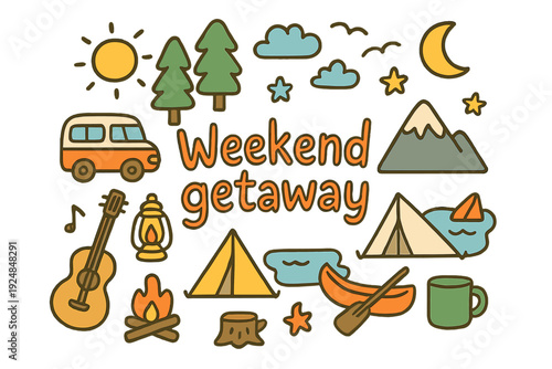Weekend Adventure Icons. Weekend getaway. Hand-drawn doodle illustration of weekend getaway. Camper van, trees