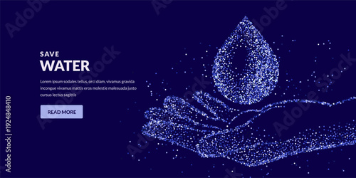 Water drop on hand. Vector illustration made from dots. Concept of water save and conservation, environmental protection