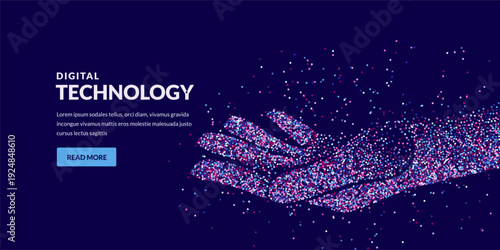 Vector hand made from dots. Abstract digital particle arm with network structure. AI technology and big data concept