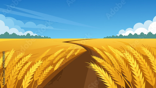 A solitary dirt path curves through a vast, sun-drenched golden wheat field towards a distant horizon