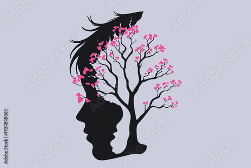 Face Silhouette Flowering Cherry Tree: Child Mind Growth, Freedom Wings, Trauma Progress