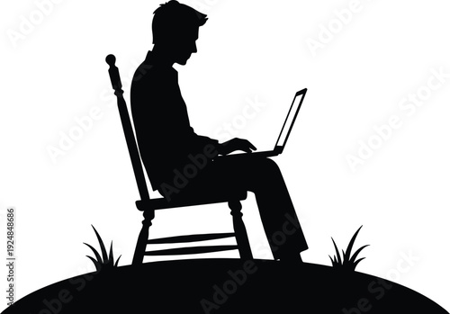 Black silhouette of a man sitting on a chair using a laptop computer outdoors on a grassy hill isolated on white background for freelance