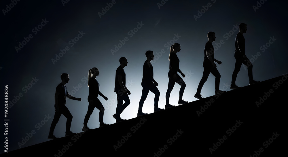 Obraz premium Group of business professionals walking up stairs together in silhouette