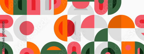 Abstract geometric pattern. Overlapping circles, semicircles create playful design. Orange, pink, green hues dominate neutral background.