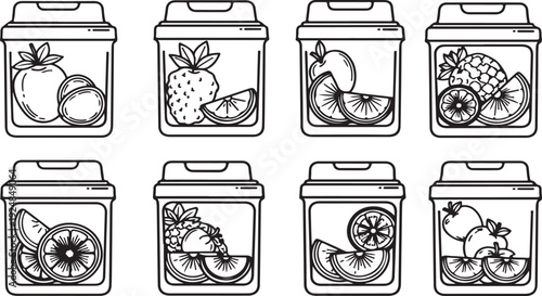 Eight containers with different fruits and vegetables preserved in jars Vector