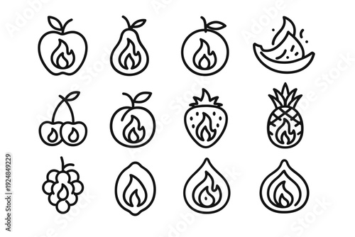 Fiery Fruit Icons. Fruits ignited by inner flame. Line outline icon set of Fruits ignited by inner flame: