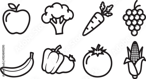 A delightful assortment of fruits and vegetables in a simple line drawing Vector