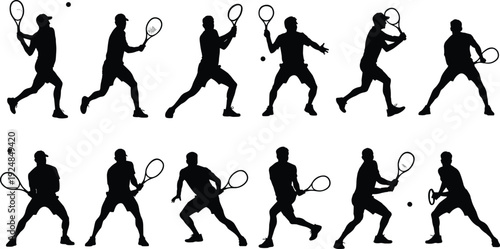 Collection of professional tennis player silhouettes in various action poses including backhand forehand and serve shots isolated on white background for sports graphic design