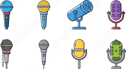 A collection of eight colorful cartoon-style microphones with various designs and shapes on a white background.