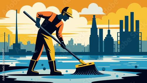 A solitary worker in protective gear diligently sweeps a flooded industrial area with a large broom, symbolizing cleanup, environmental challenges, or disaster response.