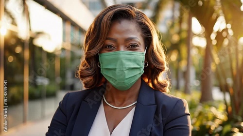 Wallpaper Mural Confident african american businesswoman with protective mask in urban setting showing business Torontodigital.ca