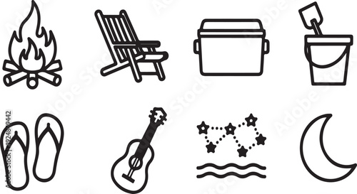 Illustrations of camping and beach activities with various equipment and elements Vector