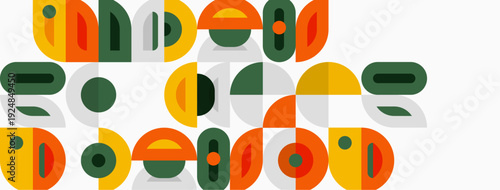 Abstract geometric shapes form playful text. Colors include olive, gold, terracotta, gray. Composition feels retro, modern.