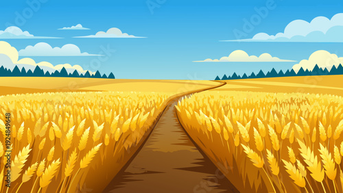 A dirt path winds through a golden wheat field under a bright blue sky with fluffy clouds, representing a journey through nature or the bounty of a harvest season.