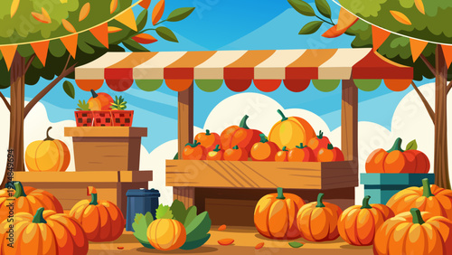 A colorful outdoor market stall overflows with ripe pumpkins and gourds, decorated with festive bunting, celebrating the spirit of autumn harvest and seasonal bounty.