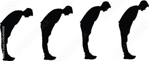 Collection of young man silhouettes bowing in different angles and positions isolated on white background for respect greeting culture and business etiquette graphic designs