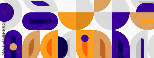Abstract geometric pattern. Overlapping shapes create playful, modern design. Purple, orange hues dominate composition.