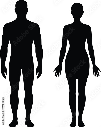 Full length front view silhouettes of a man and a woman standing in neutral poses isolated on white background for fashion and anatomical designs