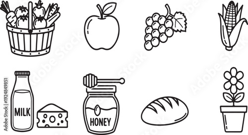 Assorted food items including fruits, vegetables, and baked goods Vector