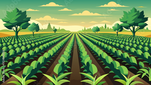 Expansive green rows of young crops are cultivated in fertile soil, set against a backdrop of distant trees and hills under a warm, hazy sky.