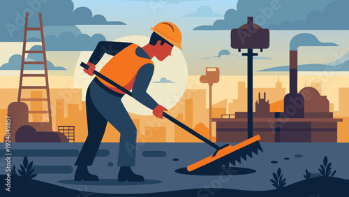 Construction worker in hard hat and safety vest sweeping industrial site with factory background during sunset, vector illustration