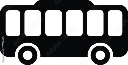 Simple black bus icon silhouette with windows and wheels isolated on white background for public transportation transit school travel and urban vehicle graphic designs