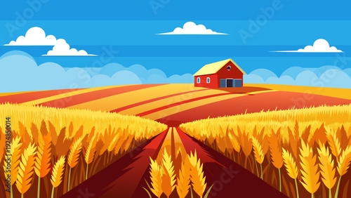 Golden wheat field leading to a red barn and farmhouse under a vibrant blue sky with fluffy clouds, harvest season landscape illustration
