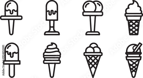 Assorted ice cream cones and sundaes in black and white line art Vector