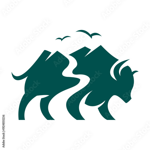 Minimalist Bison Mountain Logo Vector Illustration, Modern Wildlife Outdoor Emblem