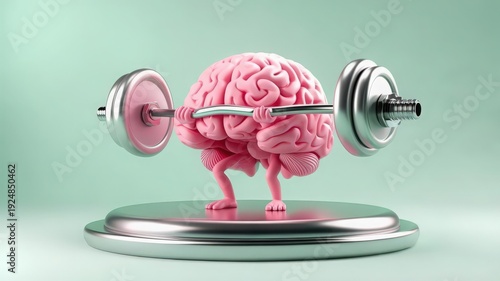 3D illustration of a human brain lifting barbell weights on pastel background. Concept of mental strength, intelligence, self-improvement, learning, productivity and motivation.