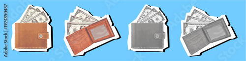 Set wallet editable halftone scrapbook element vector for retro finance zines. Ideal for symbolizing vintage budget planning, nostalgic pop art wealth, and savings.