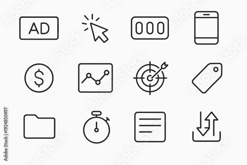 Online Ad Icons. Online advertising components. Line outline icon set of Online advertising components: ad