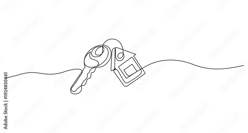 Obraz premium one line art drawing of a house with a key, Set of keys against white background, Continuous one line art drawing symbol of house keys, Real estate line icon vector design,
