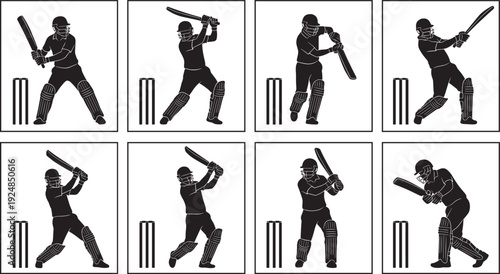 Cricket player batting silhouette set, various shots and stances with wicket isolated on white background