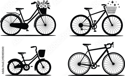 Bicycle silhouette collection set, city bike with basket flowers kids tricycle and road bicycle, transportation concept