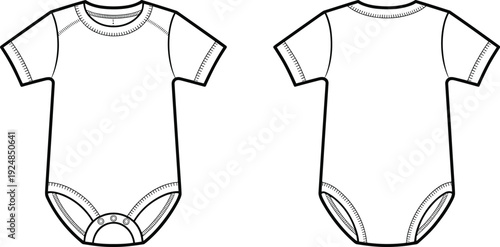 Baby bodysuit romper CAD drawing, flat vector technical illustration with front and back views isolated on white background