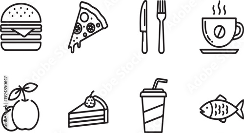 A variety of food icons representing different types of meals and drinks Vector