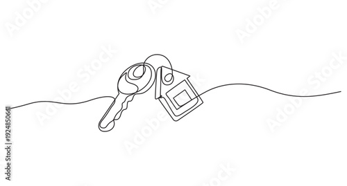 one line art drawing of a house with a key, Set of keys against white background, Continuous one line art drawing symbol of house keys, Real estate line icon vector design,
