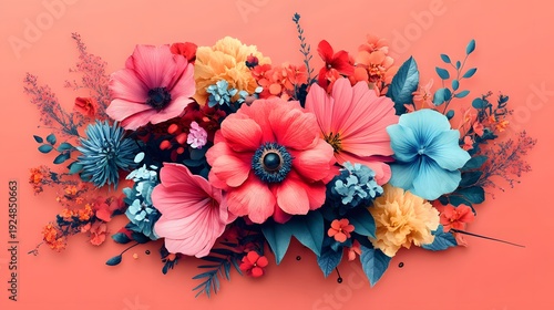 A vibrant floral arrangement featuring anemones and smaller blooms against a coral backdrop, creating a cheerful and painterly effect. Perfect for spring designs. Abstract Boho Style