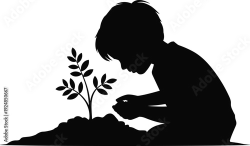Boy planting young tree silhouette illustration, child nurturing small plant in soil, environmental sustainability concept