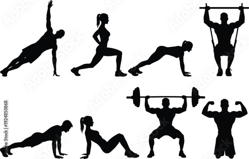Fitness workout silhouette collection, men and women exercising strength training and weightlifting, healthy lifestyle concept