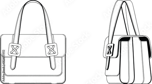 Luxury leather handbag CAD drawing, flat vector technical illustration with front and side views isolated on white background
