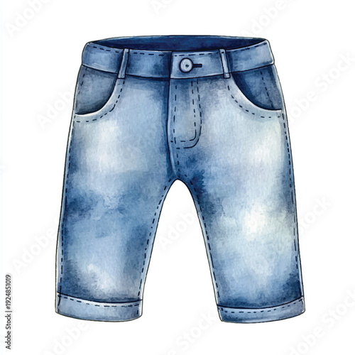 Watercolor Illustration of Denim Shorts with Button and Pocket Details (1)