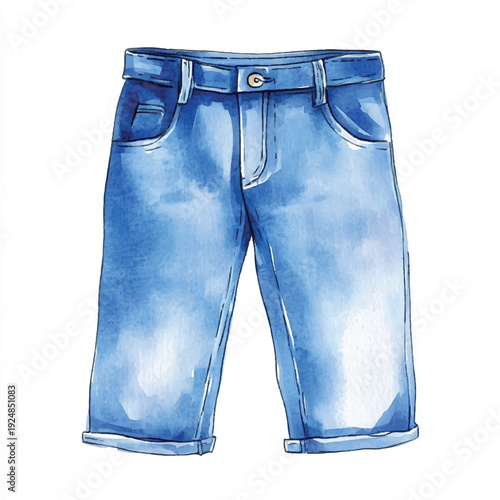 Watercolor Illustration of Denim Shorts with Cuffed Hems and Button Closure