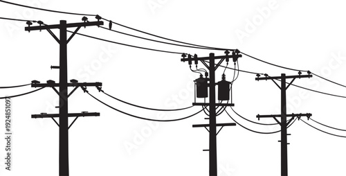 Electric utility pole silhouette with power lines and transformer, black vector illustration of electricity distribution infrastructure