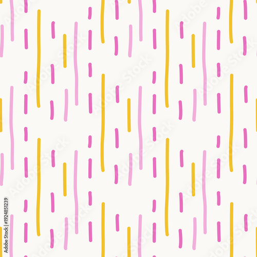 Seamless vector pattern featuring scattered vertical lines in pink and yellow on light background in modern tropical style.